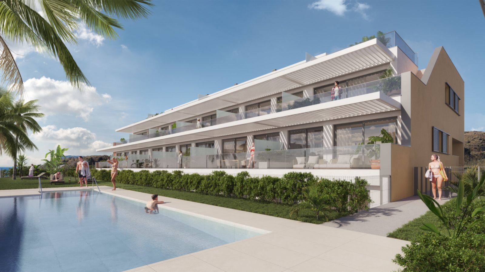 Apartamentos La Gloria Playa con piscina y personas.